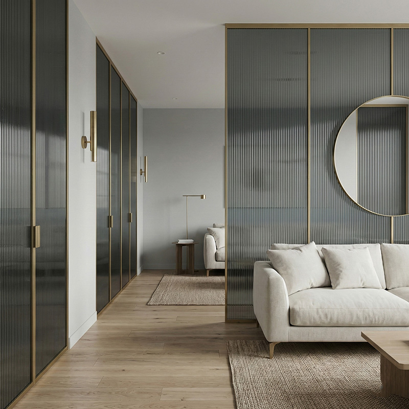 GLASMETRA CFVFGP Vistaline fluted glass panel with vertical ribbed texture for modern interior glass wall panels and partitions