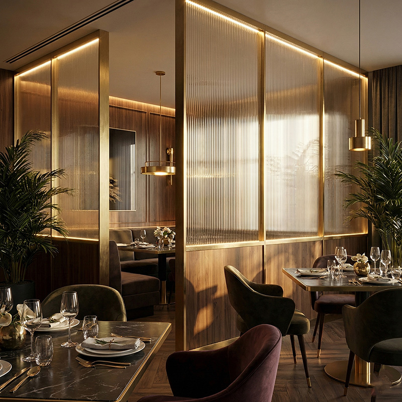 GLASMETRA CFVFGP Vistaline fluted glass panel with vertical ribbed texture for modern interior glass wall panels and partitions