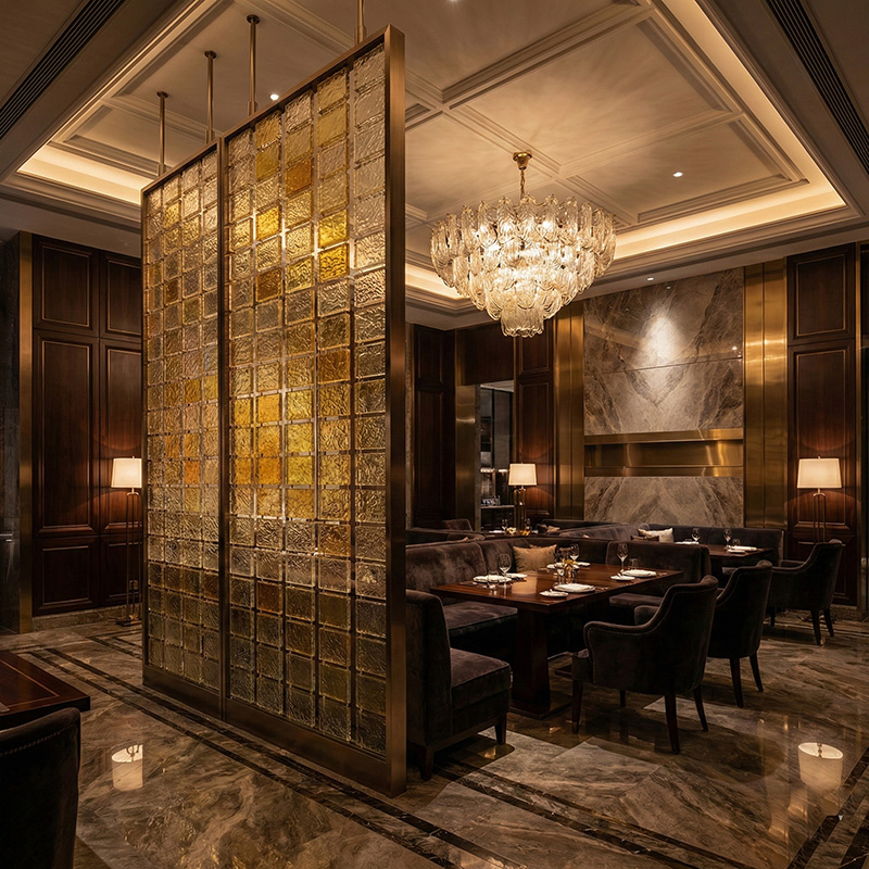 Colored decorative hanging glass blocks YZ-089 to YZ-094 for modular glass wall and suspended glass partition systems.