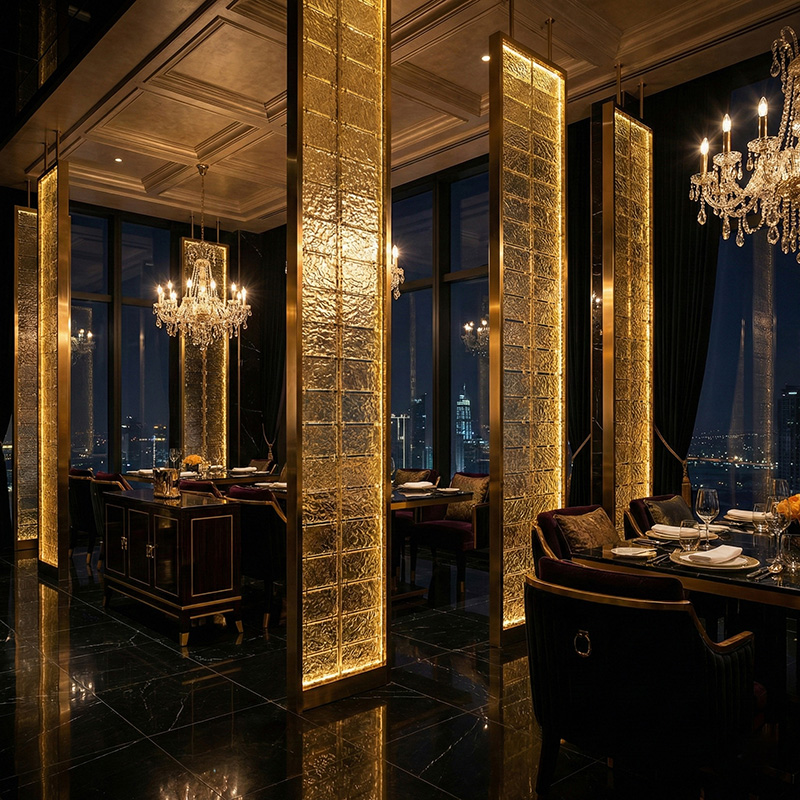 Colored decorative hanging glass blocks YZ-089 to YZ-094 for modular glass wall and suspended glass partition systems.