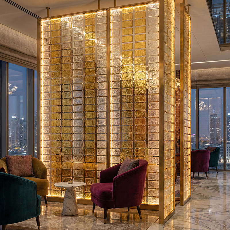 Colored decorative hanging glass blocks YZ-089 to YZ-094 for modular glass wall and suspended glass partition systems.