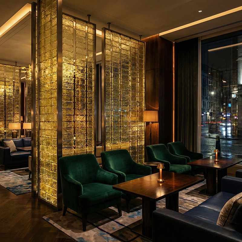 Colored decorative hanging glass blocks YZ-089 to YZ-094 for modular glass wall and suspended glass partition systems.