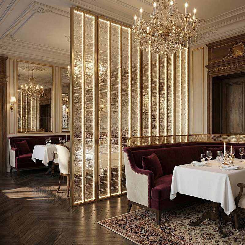 Colored decorative hanging glass blocks YZ-089 to YZ-094 for modular glass wall and suspended glass partition systems.