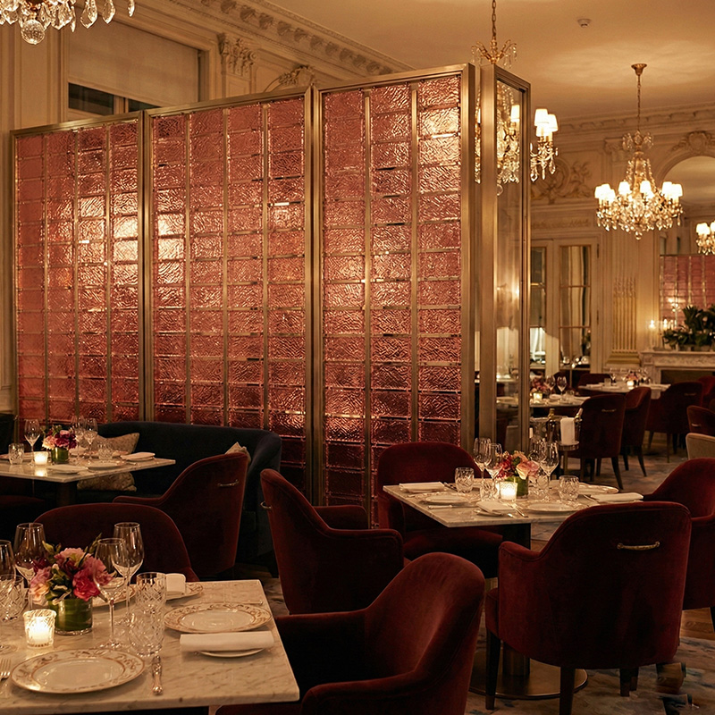 Colored decorative hanging glass blocks YZ-089 to YZ-094 for modular glass wall and suspended glass partition systems.