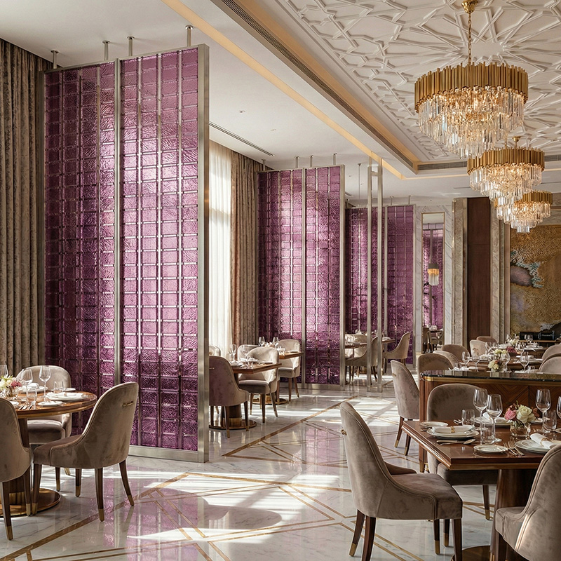 Colored decorative hanging glass blocks YZ-089 to YZ-094 for modular glass wall and suspended glass partition systems.