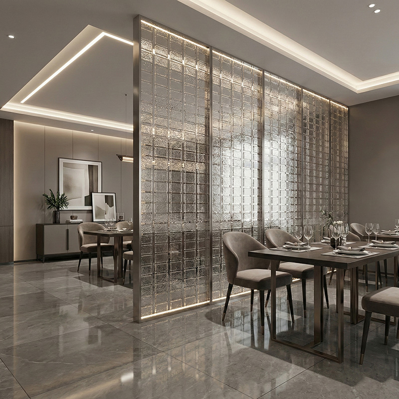 Colored decorative hanging glass blocks YZ-089 to YZ-094 for modular glass wall and suspended glass partition systems.