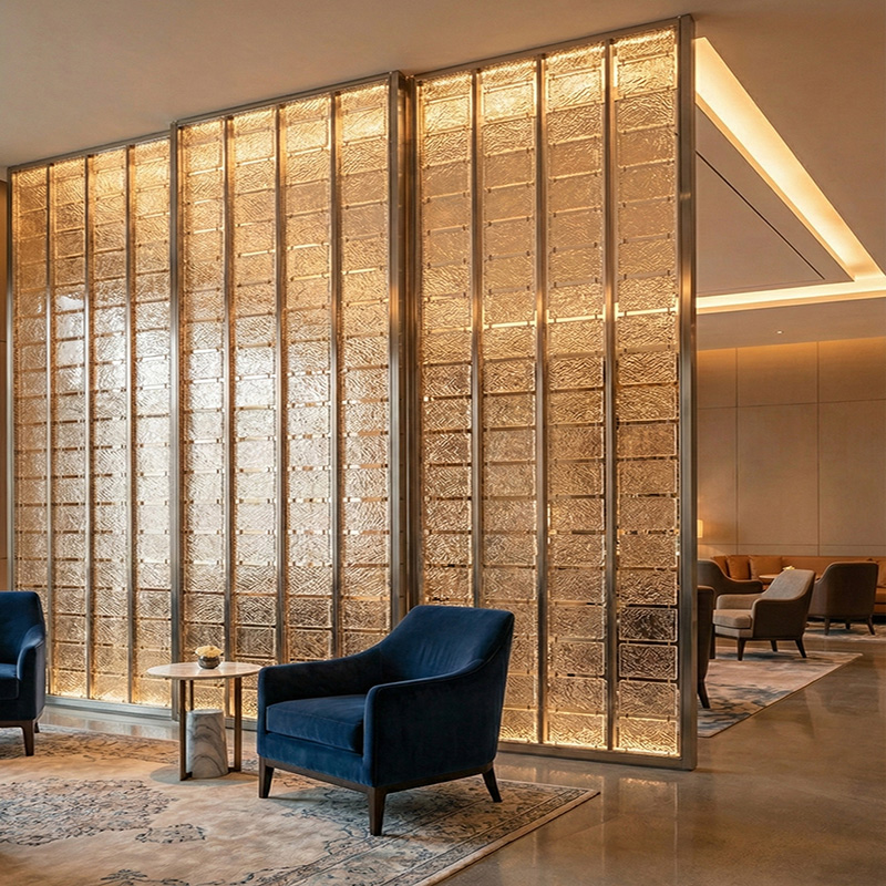 Colored decorative hanging glass blocks YZ-089 to YZ-094 for modular glass wall and suspended glass partition systems.