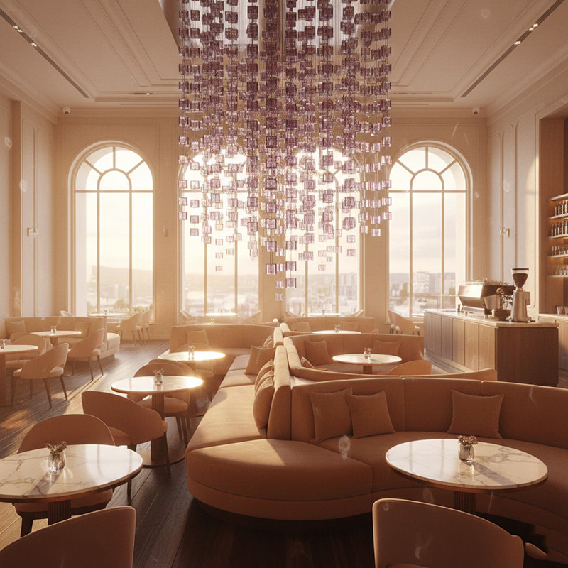 Hanging crystal cube modular partition used as a luxury crystal room divider in modern interior design