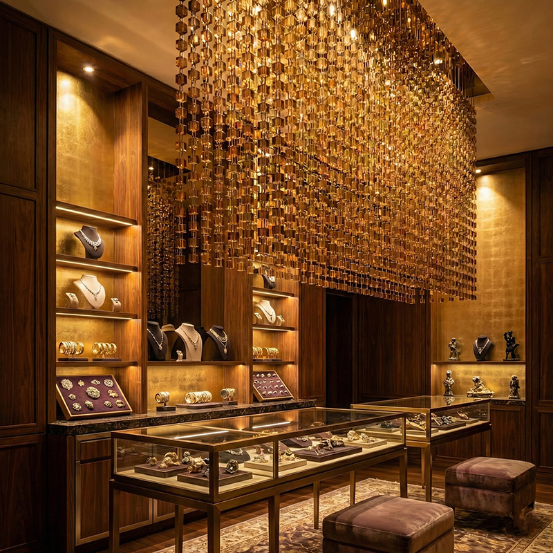 Hanging crystal cube modular partition used as a luxury crystal room divider in modern interior design