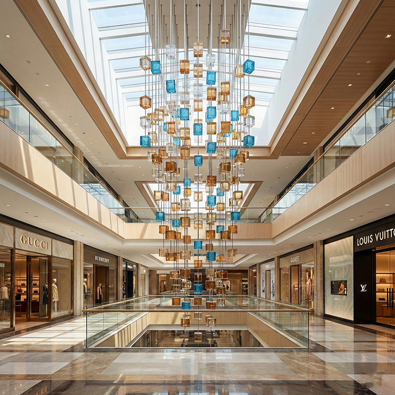 Hanging crystal cube modular partition used as a luxury crystal room divider in modern interior design