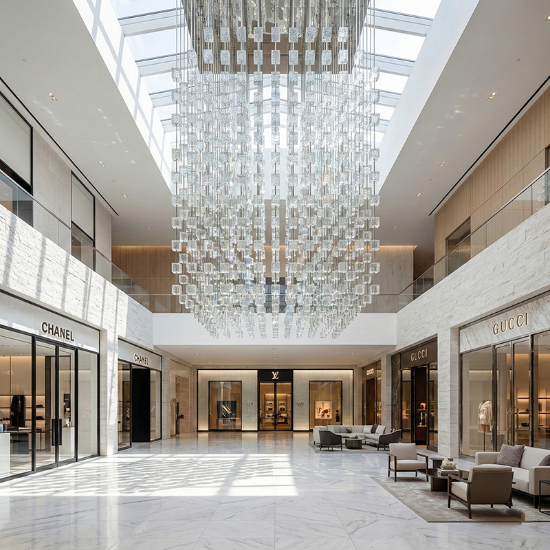 Hanging crystal cube modular partition used as a luxury crystal room divider in modern interior design