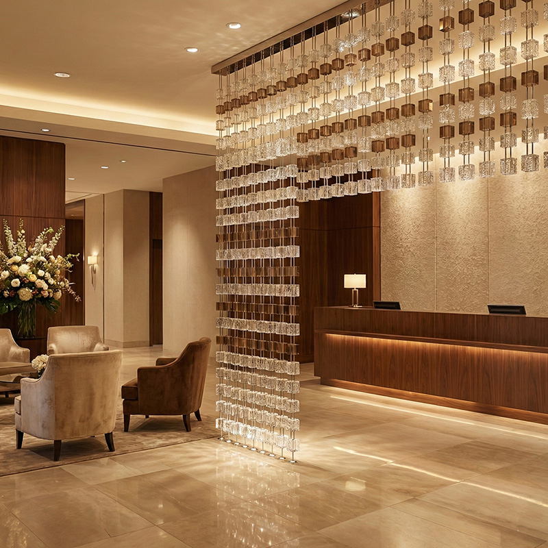 Hanging crystal cube modular partition used as a luxury crystal room divider in modern interior design