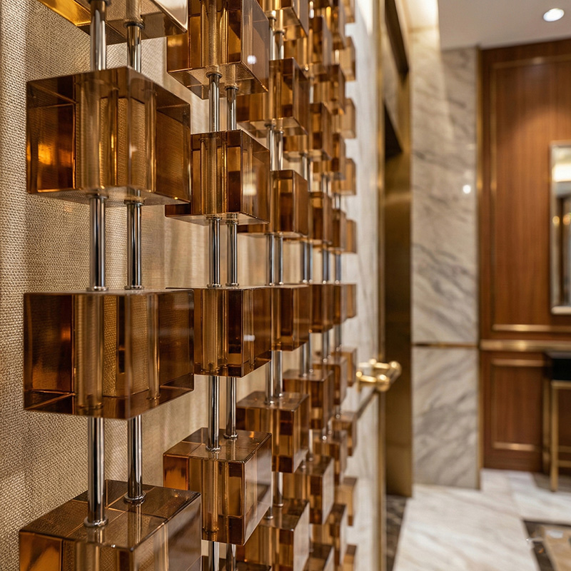 Hanging crystal cube modular partition used as a luxury crystal room divider in modern interior design