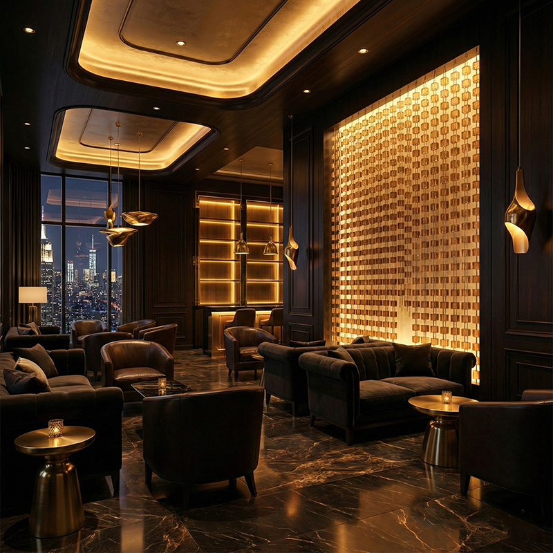 Hanging crystal cube modular partition used as a luxury crystal room divider in modern interior design