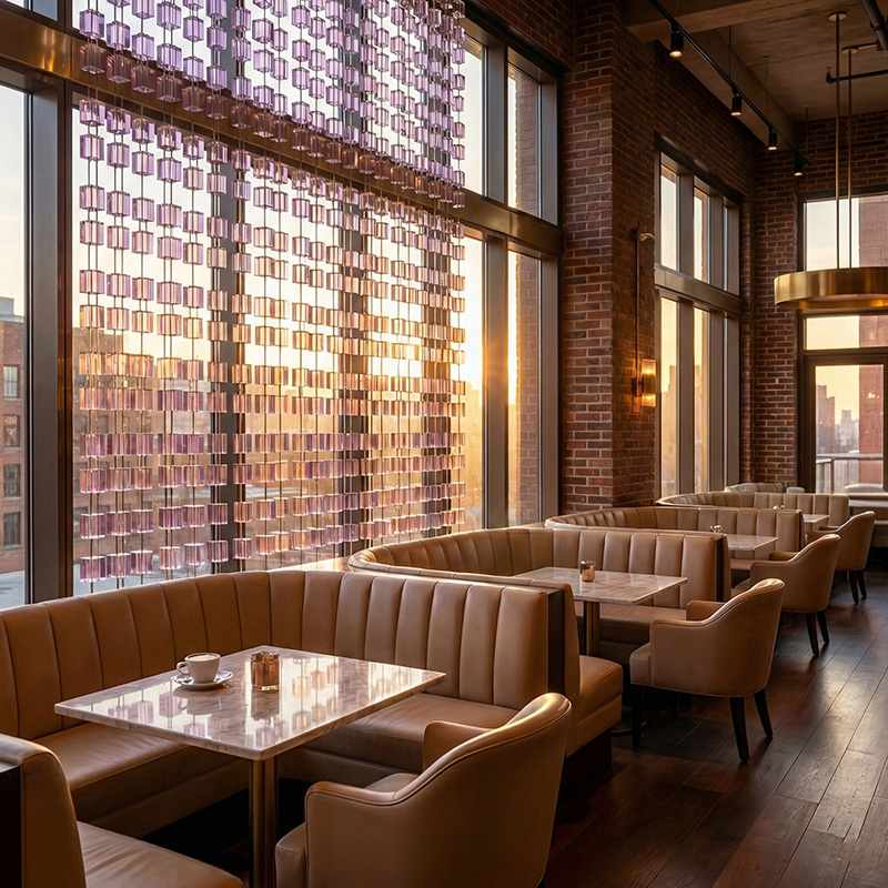 Hanging crystal cube modular partition used as a luxury crystal room divider in modern interior design