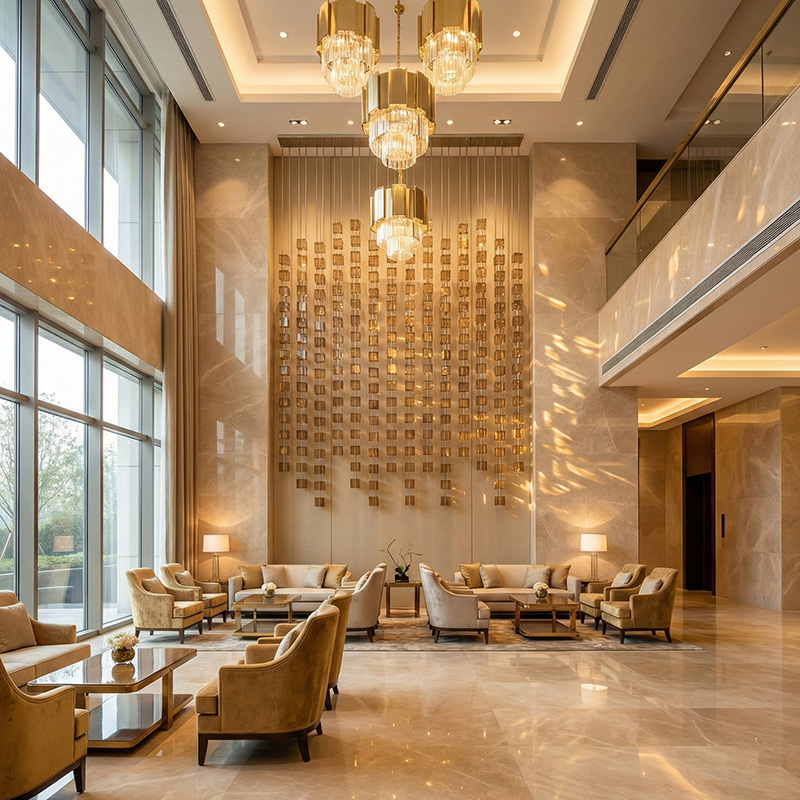 Hanging crystal cube modular partition used as a luxury crystal room divider in modern interior design