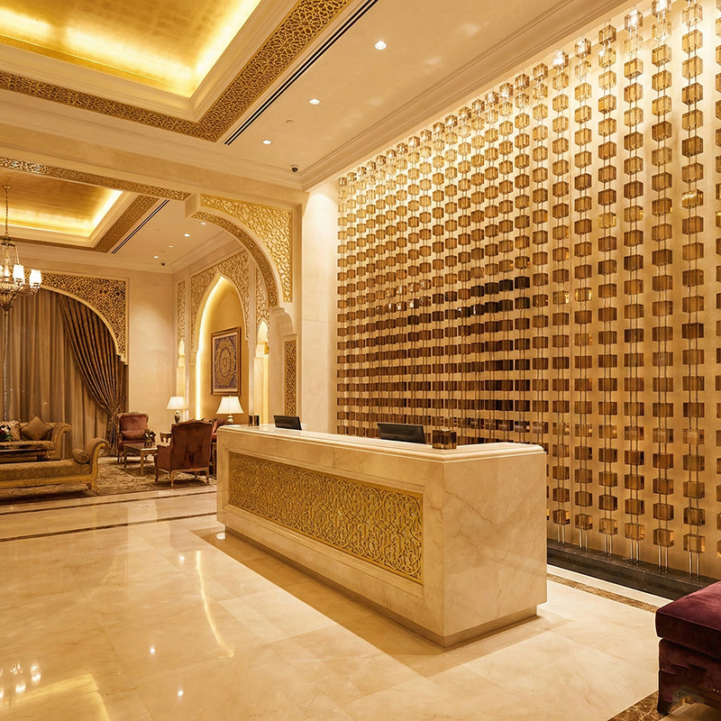 Hanging crystal cube modular partition used as a luxury crystal room divider in modern interior design