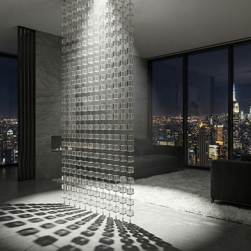 Hanging crystal cube modular partition used as a luxury crystal room divider in modern interior design