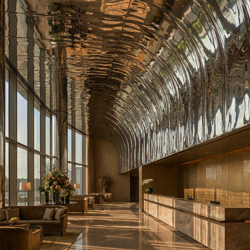 Large-scale stainless steel ripple ceiling installation in a luxury hotel reception area