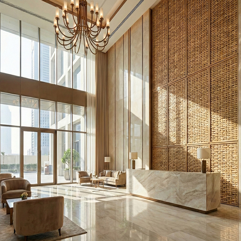 Dense irregular 3D woven synthetic rattan wall panel in HDPE for luxury interior wall cladding and partitions.