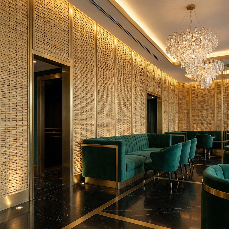 Dense irregular 3D woven synthetic rattan wall panel in HDPE for luxury interior wall cladding and partitions.