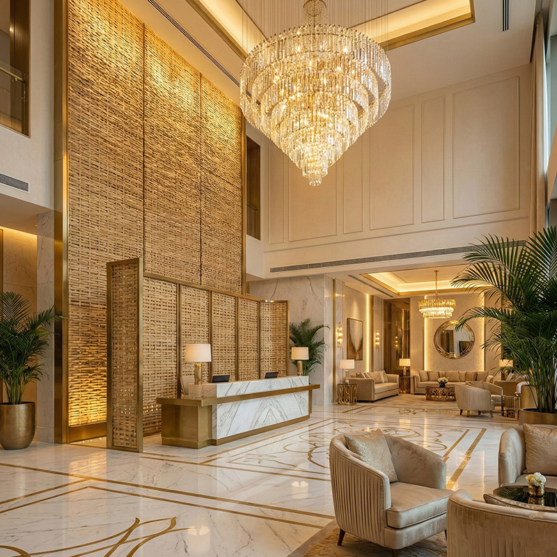 Dense irregular 3D woven synthetic rattan wall panel in HDPE for luxury interior wall cladding and partitions.