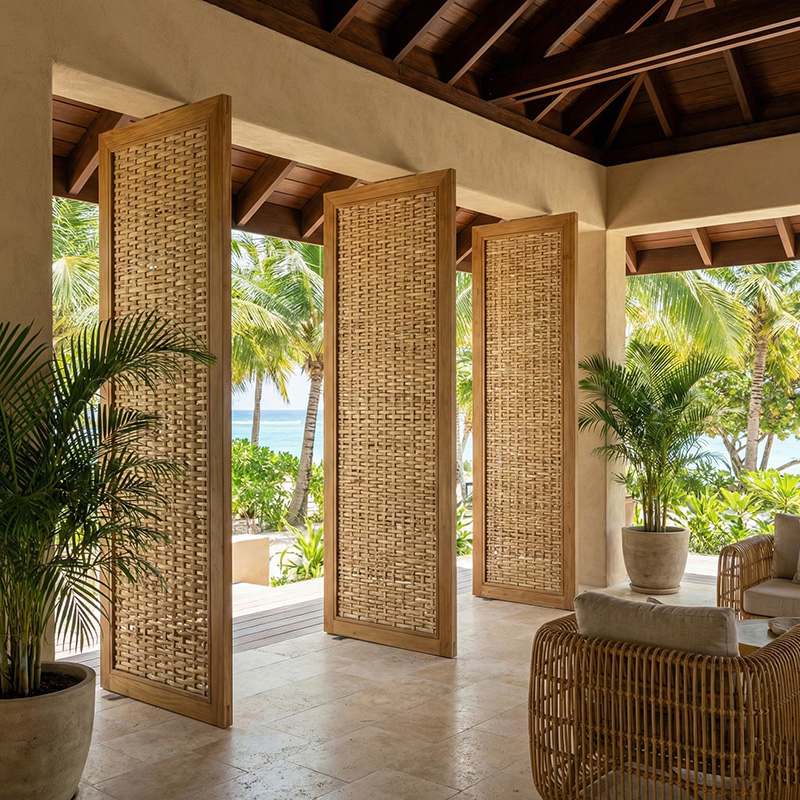 Dense irregular 3D woven synthetic rattan wall panel in HDPE for luxury interior wall cladding and partitions.