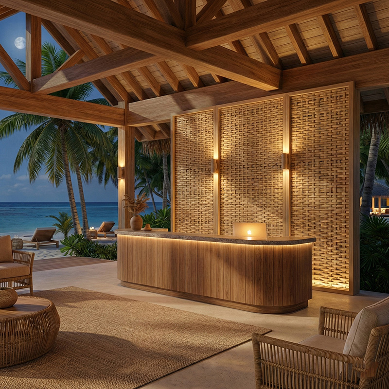 Dense irregular 3D woven synthetic rattan wall panel in HDPE for luxury interior wall cladding and partitions.