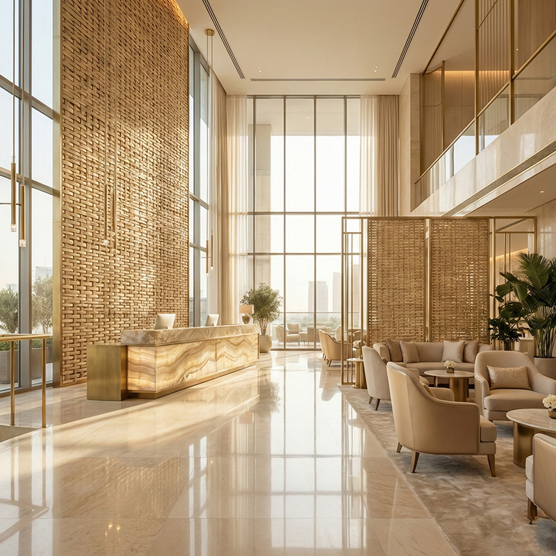 Dense irregular 3D woven synthetic rattan wall panel in HDPE for luxury interior wall cladding and partitions.