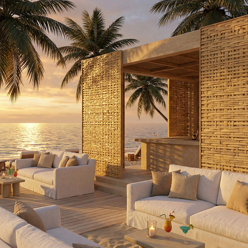 Dense irregular 3D woven synthetic rattan wall panel in HDPE for luxury interior wall cladding and partitions.