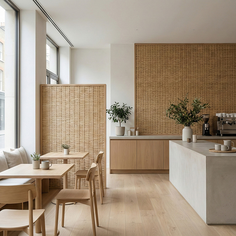 Dense irregular 3D woven synthetic rattan wall panel in HDPE for luxury interior wall cladding and partitions.