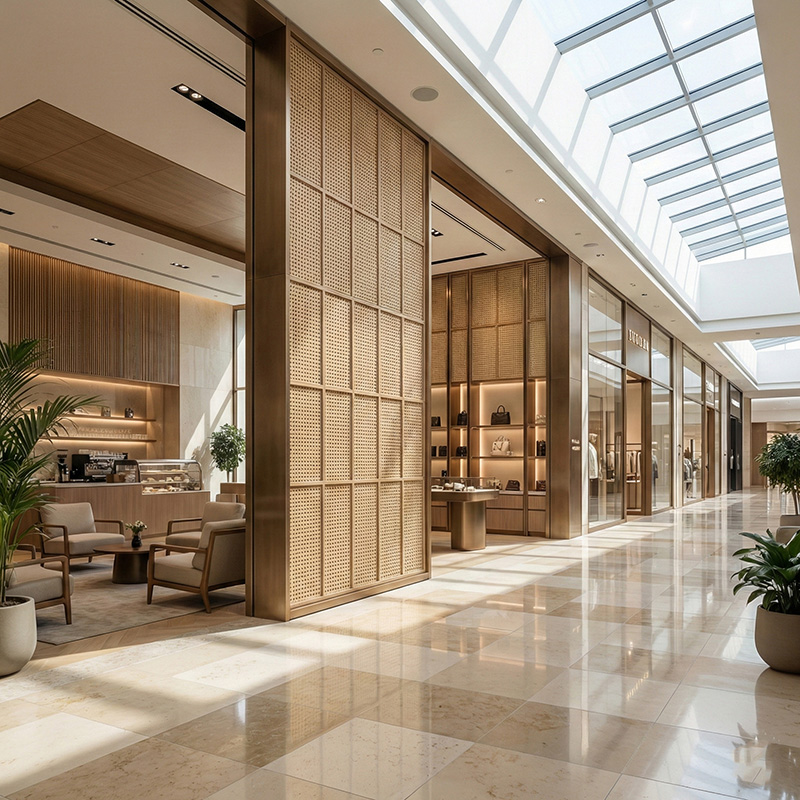 Dense irregular 3D woven synthetic rattan wall panel in HDPE for luxury interior wall cladding and partitions.