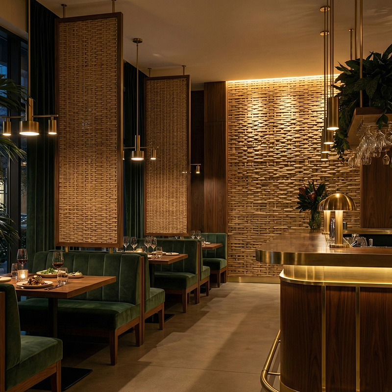 Dense irregular 3D woven synthetic rattan wall panel in HDPE for luxury interior wall cladding and partitions.