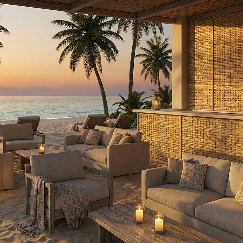 Dense irregular 3D woven synthetic rattan wall panel in HDPE for luxury interior wall cladding and partitions.