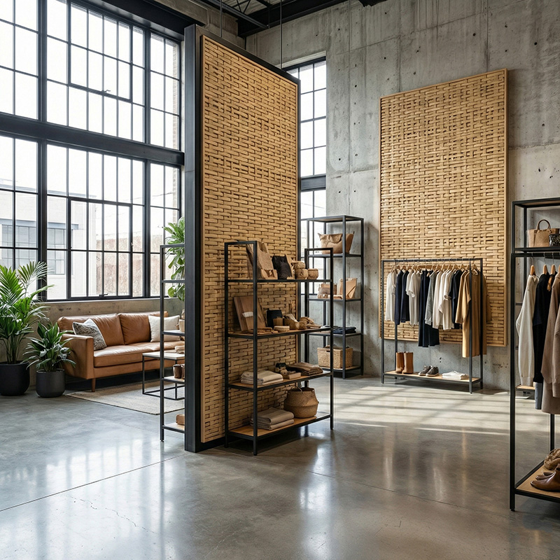 Dense irregular 3D woven synthetic rattan wall panel in HDPE for luxury interior wall cladding and partitions.