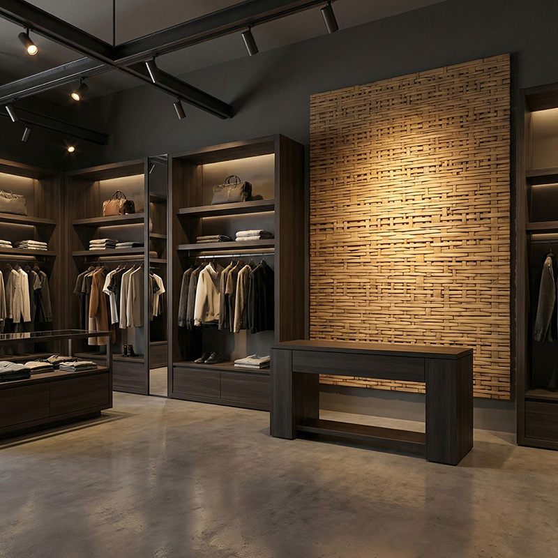 Dense irregular 3D woven synthetic rattan wall panel in HDPE for luxury interior wall cladding and partitions.