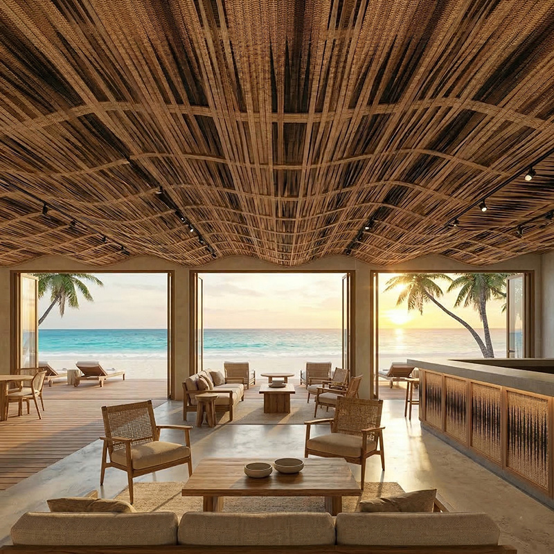 Vertical open weaving synthetic rattan wall panel with HDPE woven texture for luxury interior wall cladding and architectural feature walls.