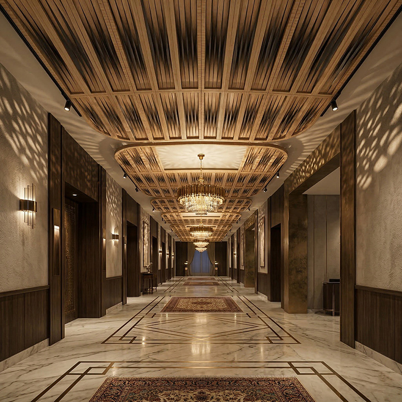 Vertical open weaving synthetic rattan wall panel with HDPE woven texture for luxury interior wall cladding and architectural feature walls.