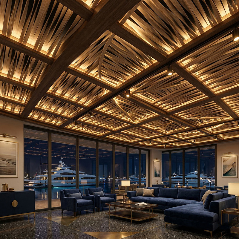 Vertical open weaving synthetic rattan wall panel with HDPE woven texture for luxury interior wall cladding and architectural feature walls.