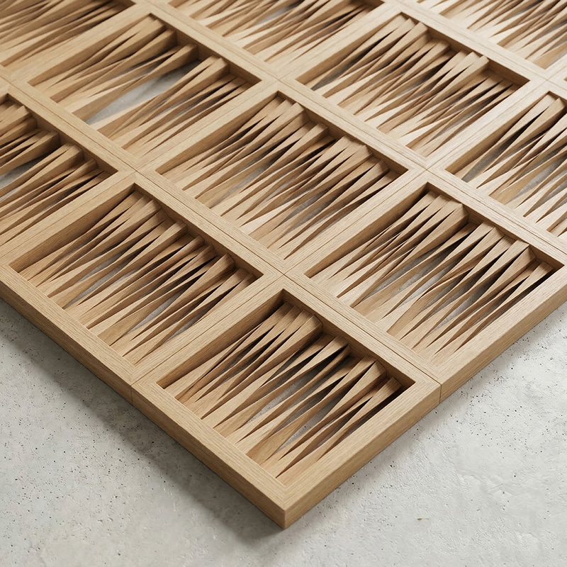 Vertical open weaving synthetic rattan wall panel with HDPE woven texture for luxury interior wall cladding and architectural feature walls.