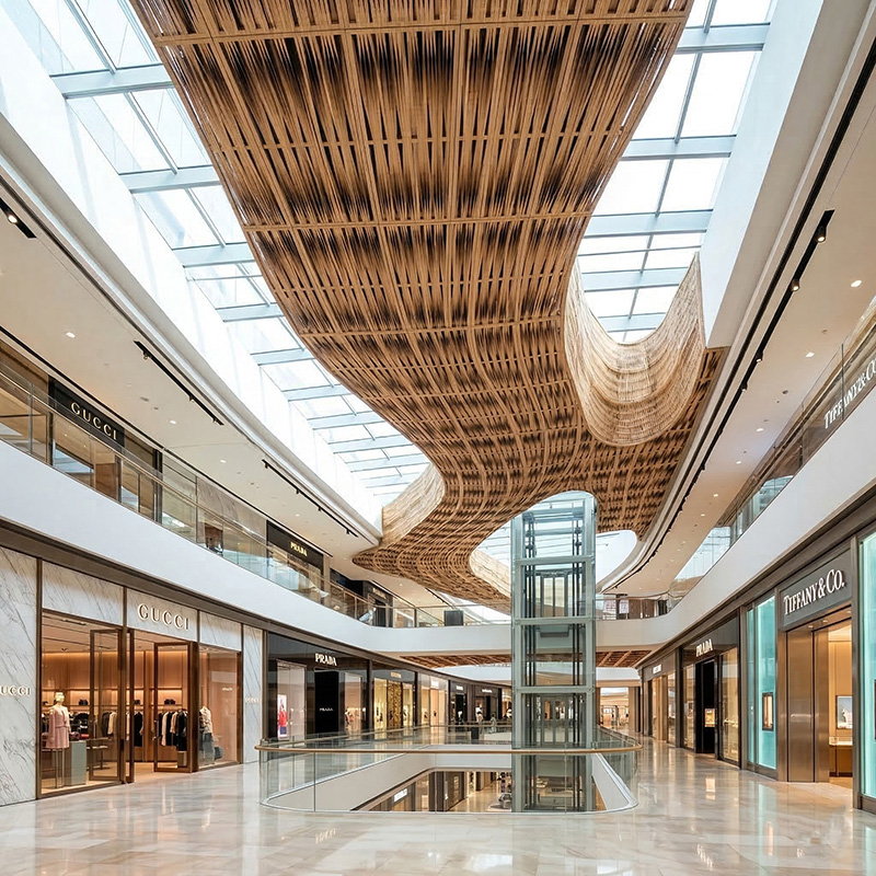 Vertical open weaving synthetic rattan wall panel with HDPE woven texture for luxury interior wall cladding and architectural feature walls.