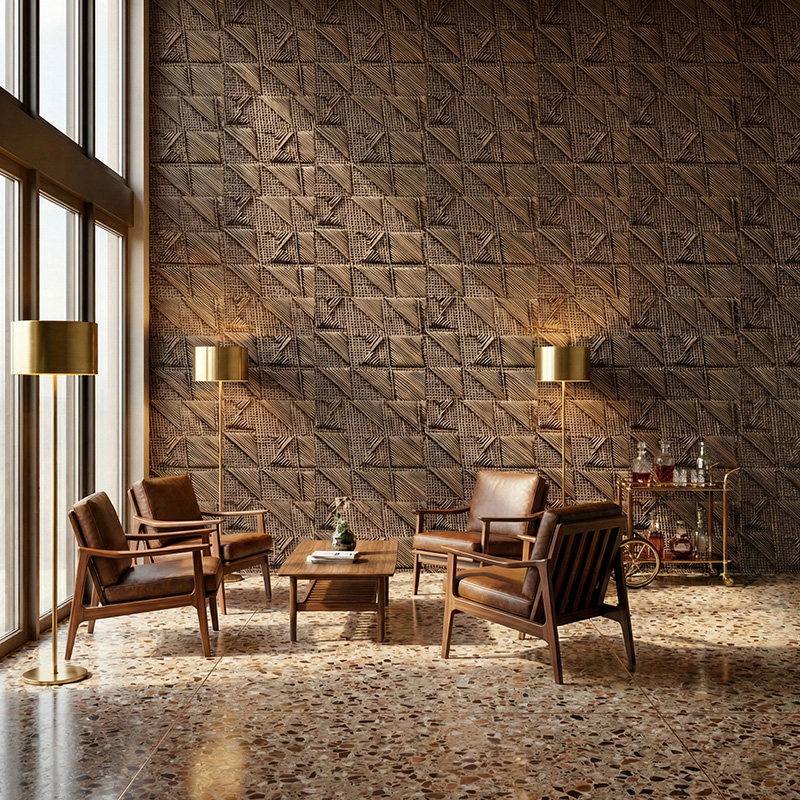 RATTANA P8RT 3D woven synthetic rattan wall panel with random triangle architectural texture in luxury interior setting.