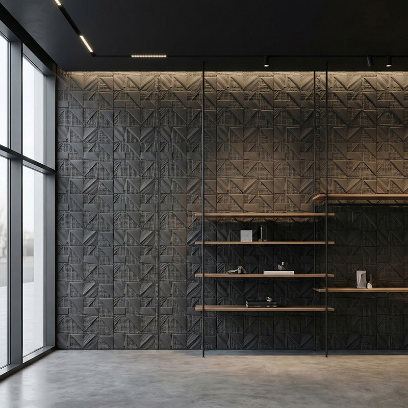 RATTANA P8RT 3D woven synthetic rattan wall panel with random triangle architectural texture in luxury interior setting.
