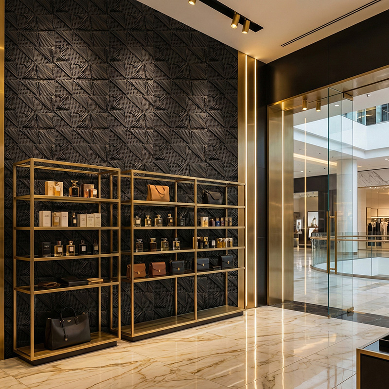 RATTANA P8RT 3D woven synthetic rattan wall panel with random triangle architectural texture in luxury interior setting.