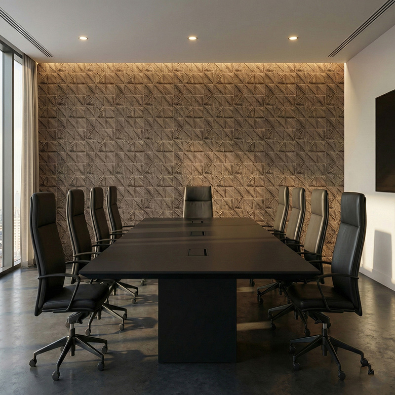 RATTANA P8RT 3D woven synthetic rattan wall panel with random triangle architectural texture in luxury interior setting.