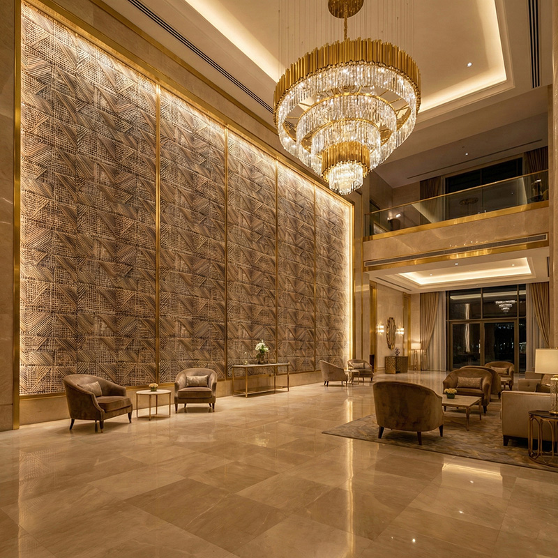 RATTANA P8RT 3D woven synthetic rattan wall panel with random triangle architectural texture in luxury interior setting.