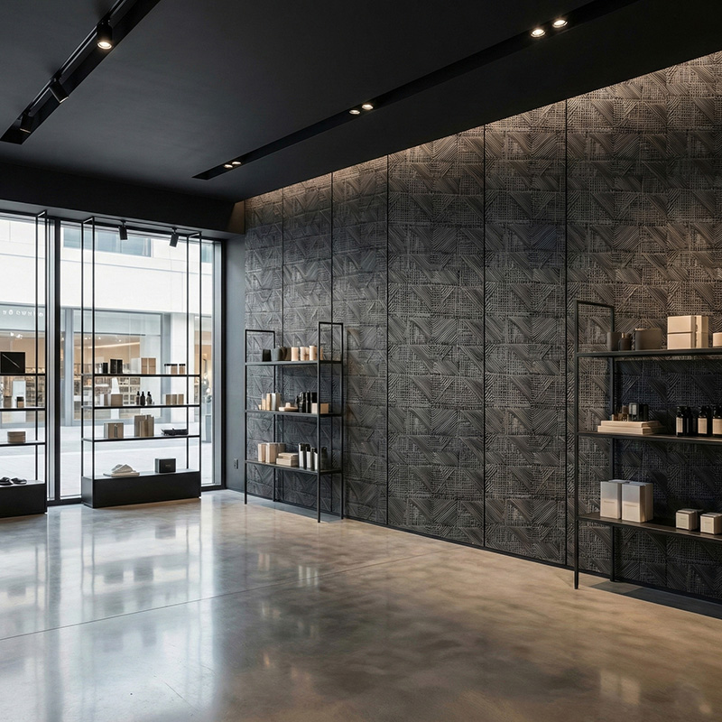 RATTANA P8RT 3D woven synthetic rattan wall panel with random triangle architectural texture in luxury interior setting.