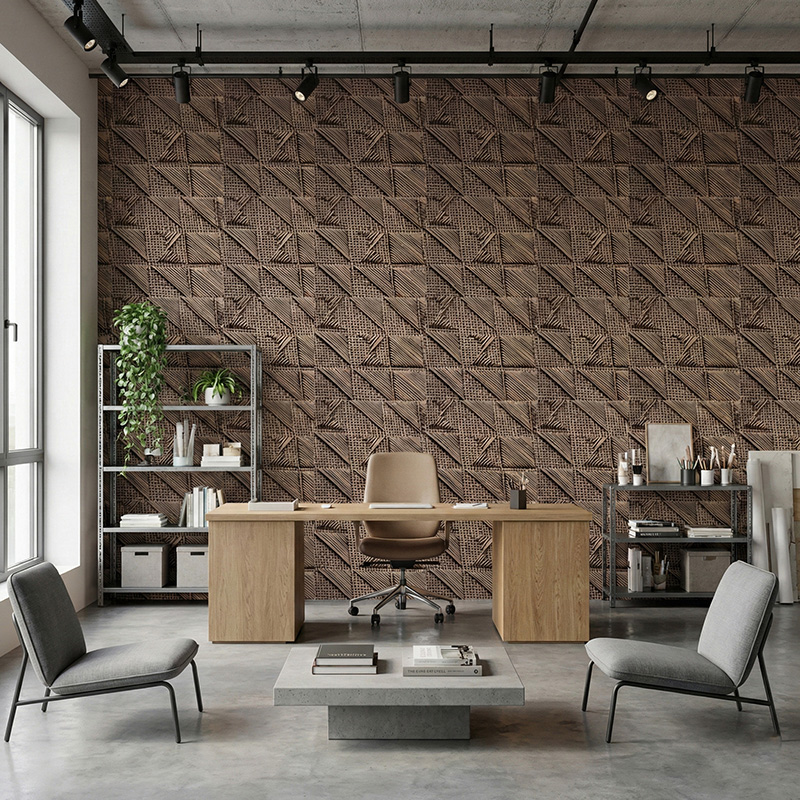 RATTANA P8RT 3D woven synthetic rattan wall panel with random triangle architectural texture in luxury interior setting.