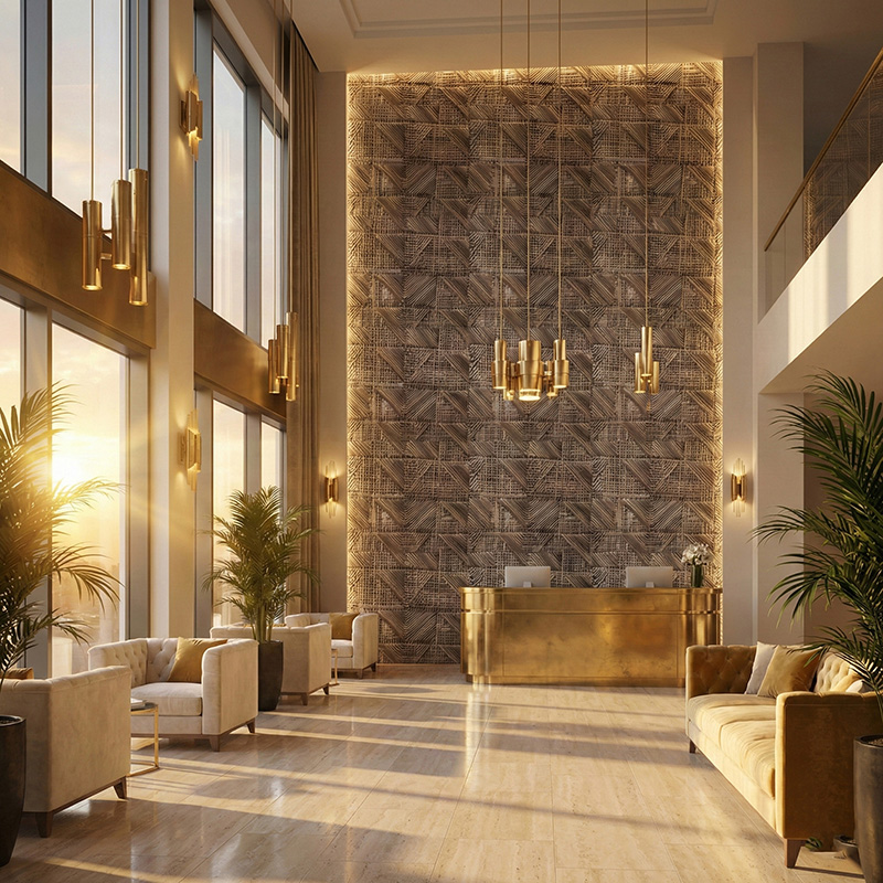 RATTANA P8RT 3D woven synthetic rattan wall panel with random triangle architectural texture in luxury interior setting.