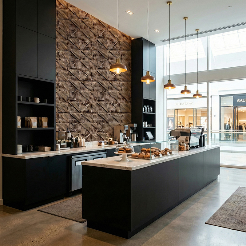 RATTANA P8RT 3D woven synthetic rattan wall panel with random triangle architectural texture in luxury interior setting.